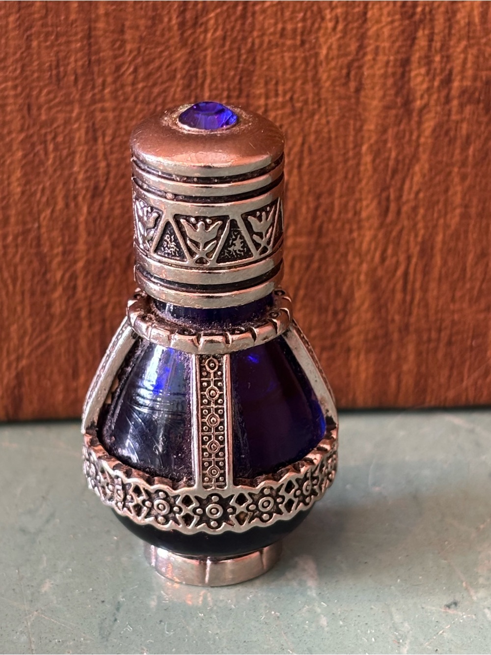Vintage cobalt blue glass perfume oil roller miniature bottle silver tone